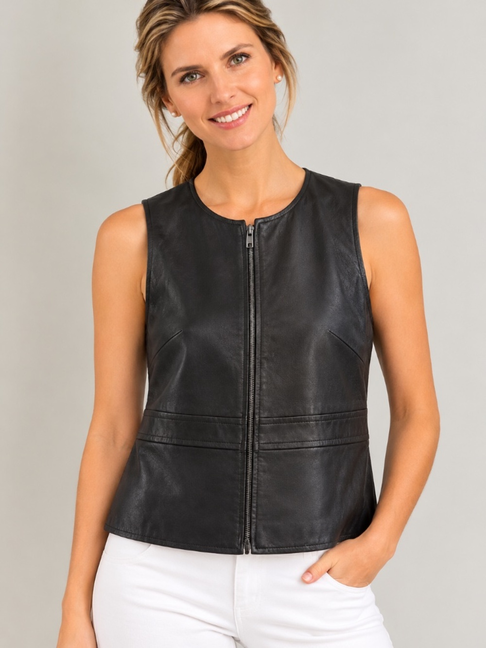Leather Sleeveless Zip-Front Top